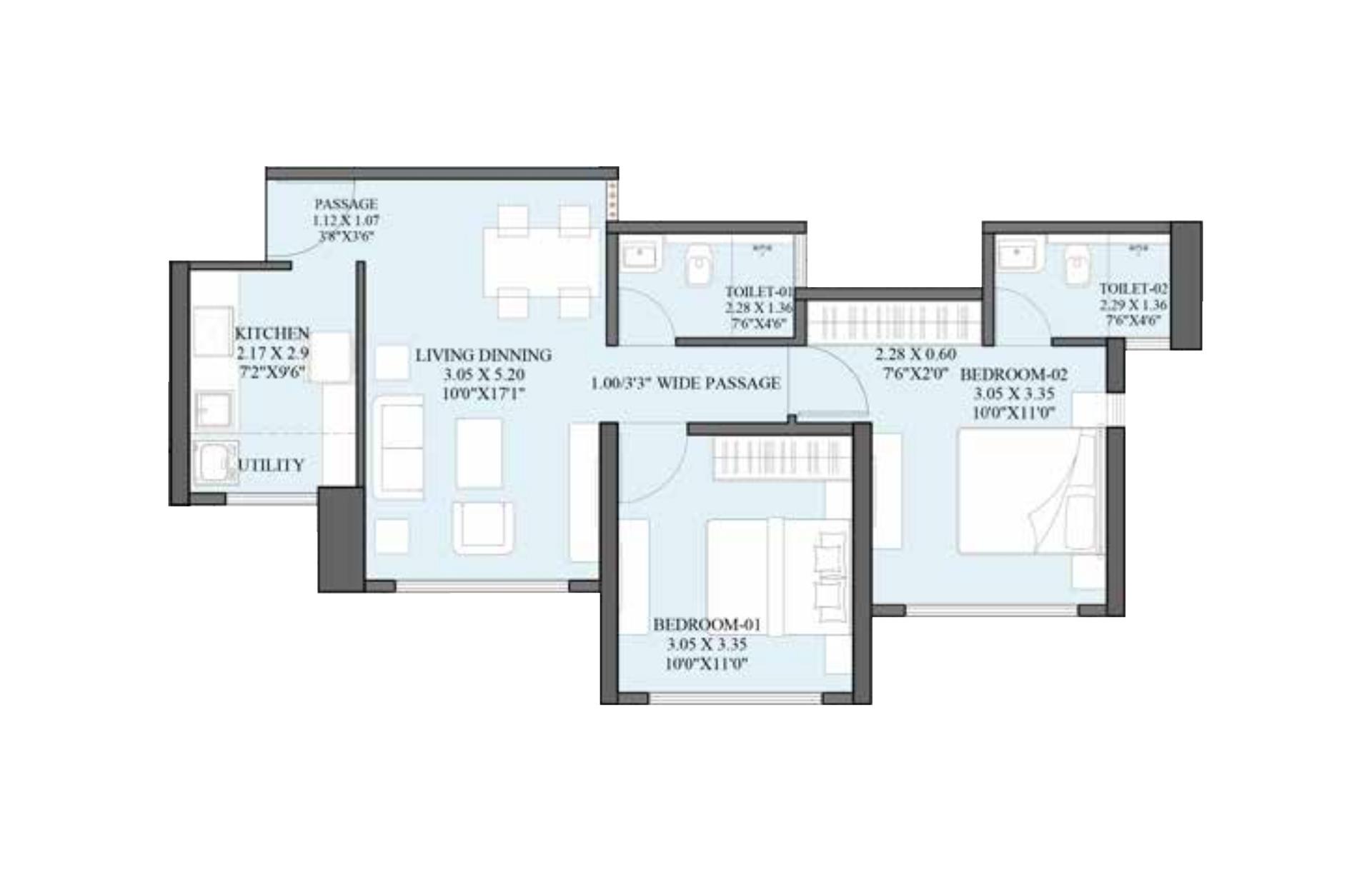 2BHK Type1 floor plan