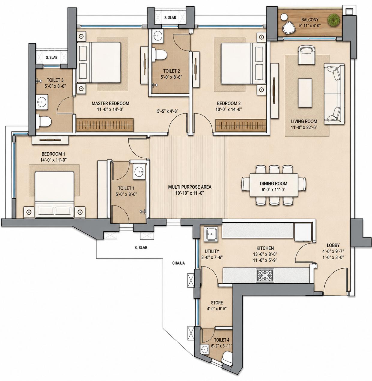 3BHK Majestic floor plan