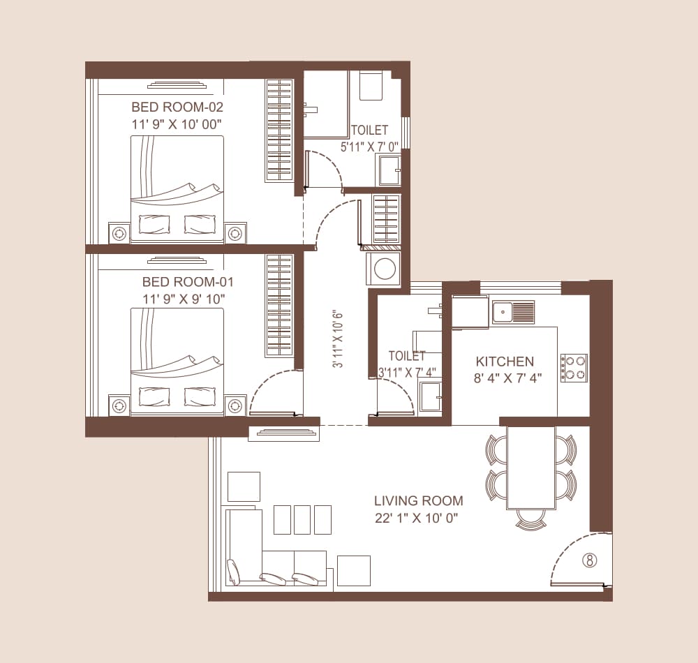 2 BHK Type2 floor plan