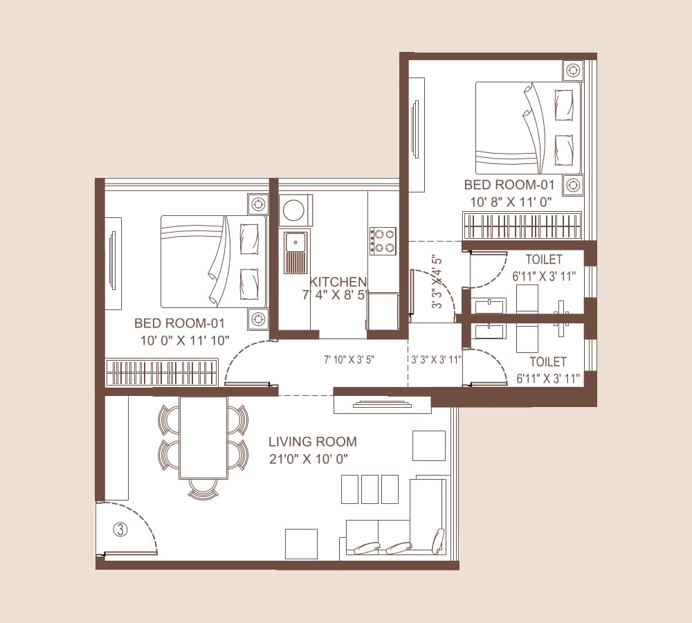 2 BHK Type1 floor plan
