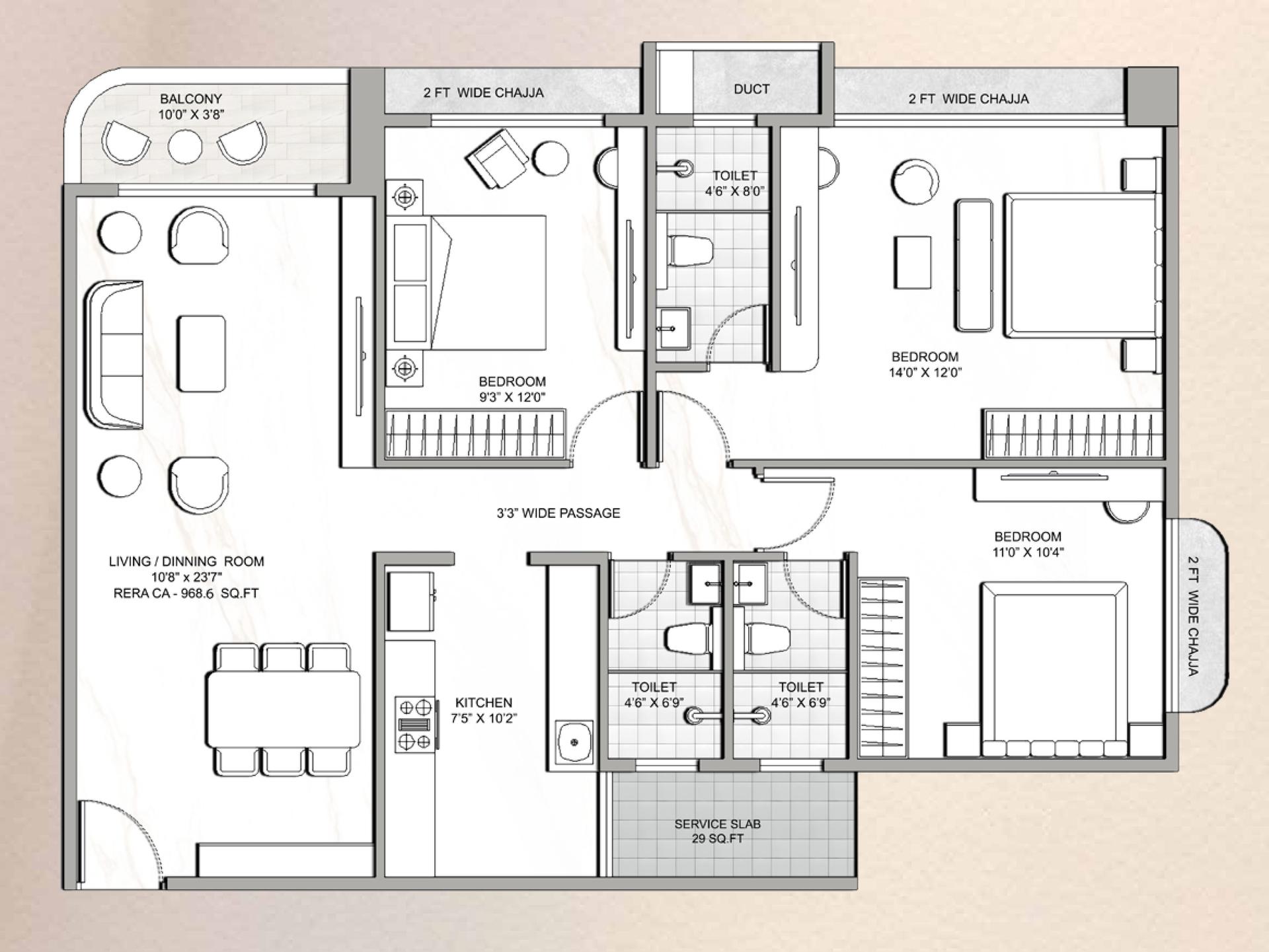 3 BHK Type1 floor plan
