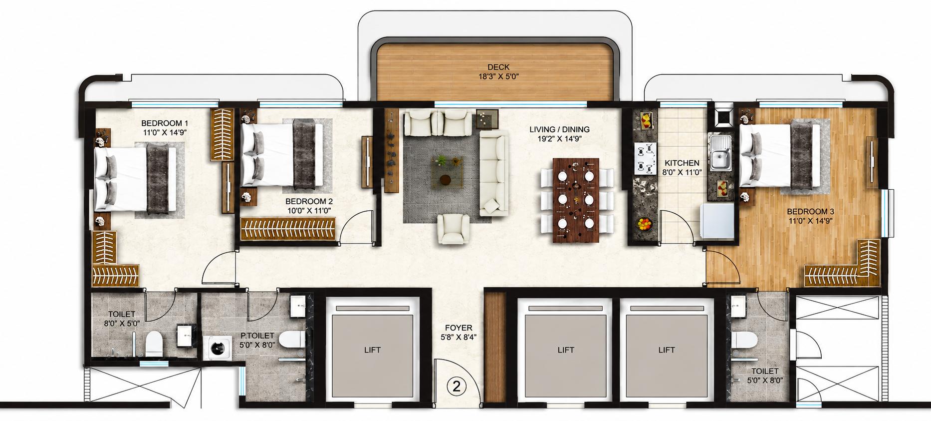 3BHK floor plan