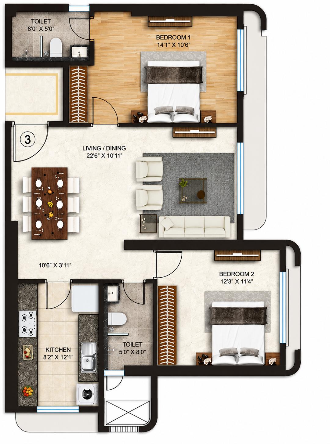2 BHK floor plan