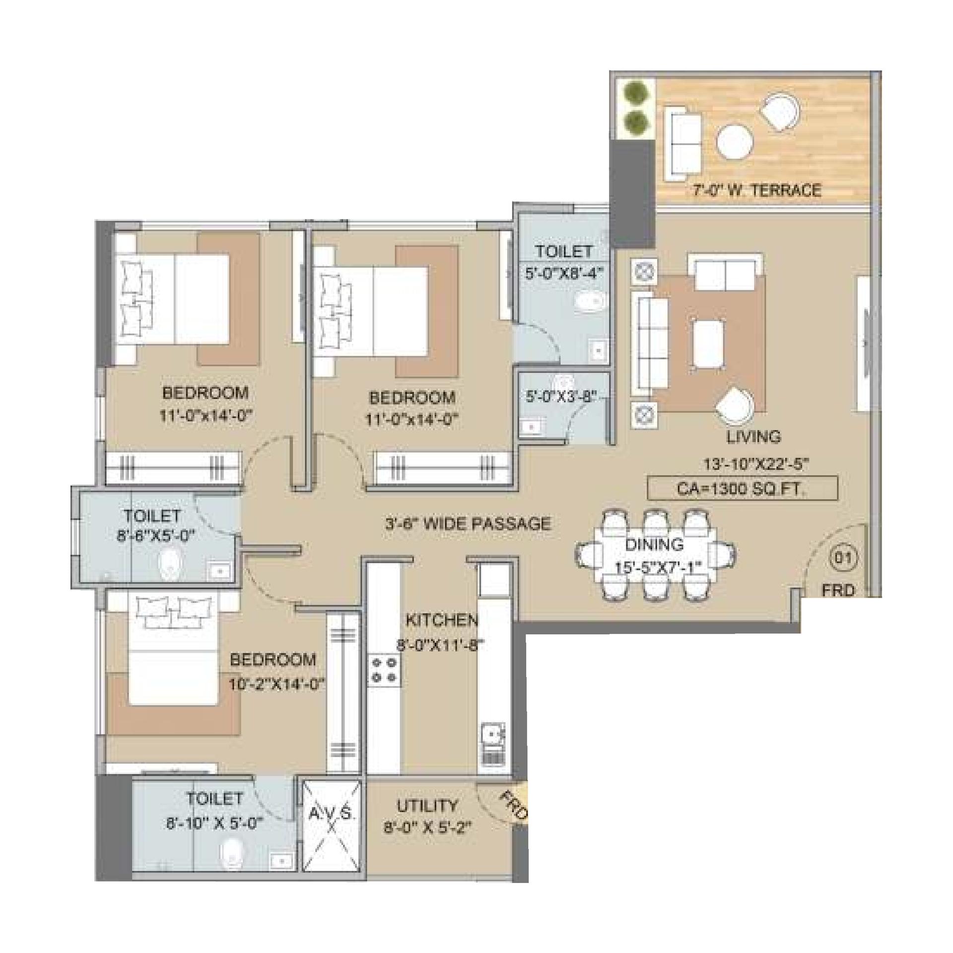 3BHK floor plan