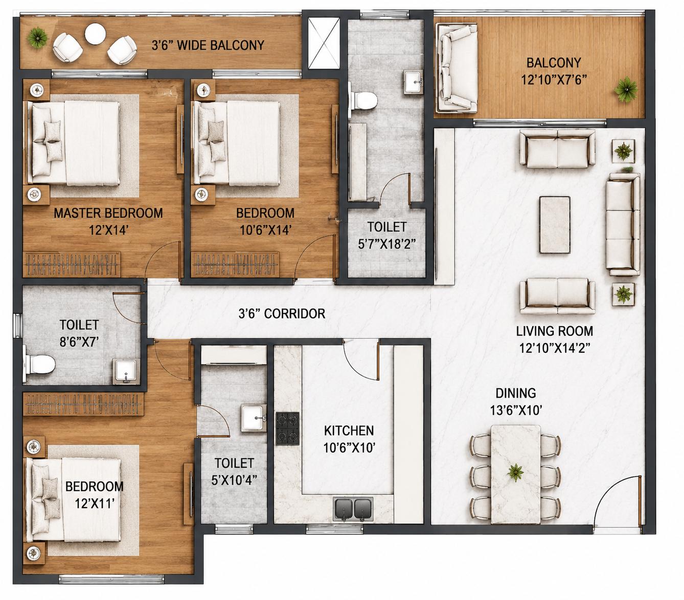 3BHK floor plan