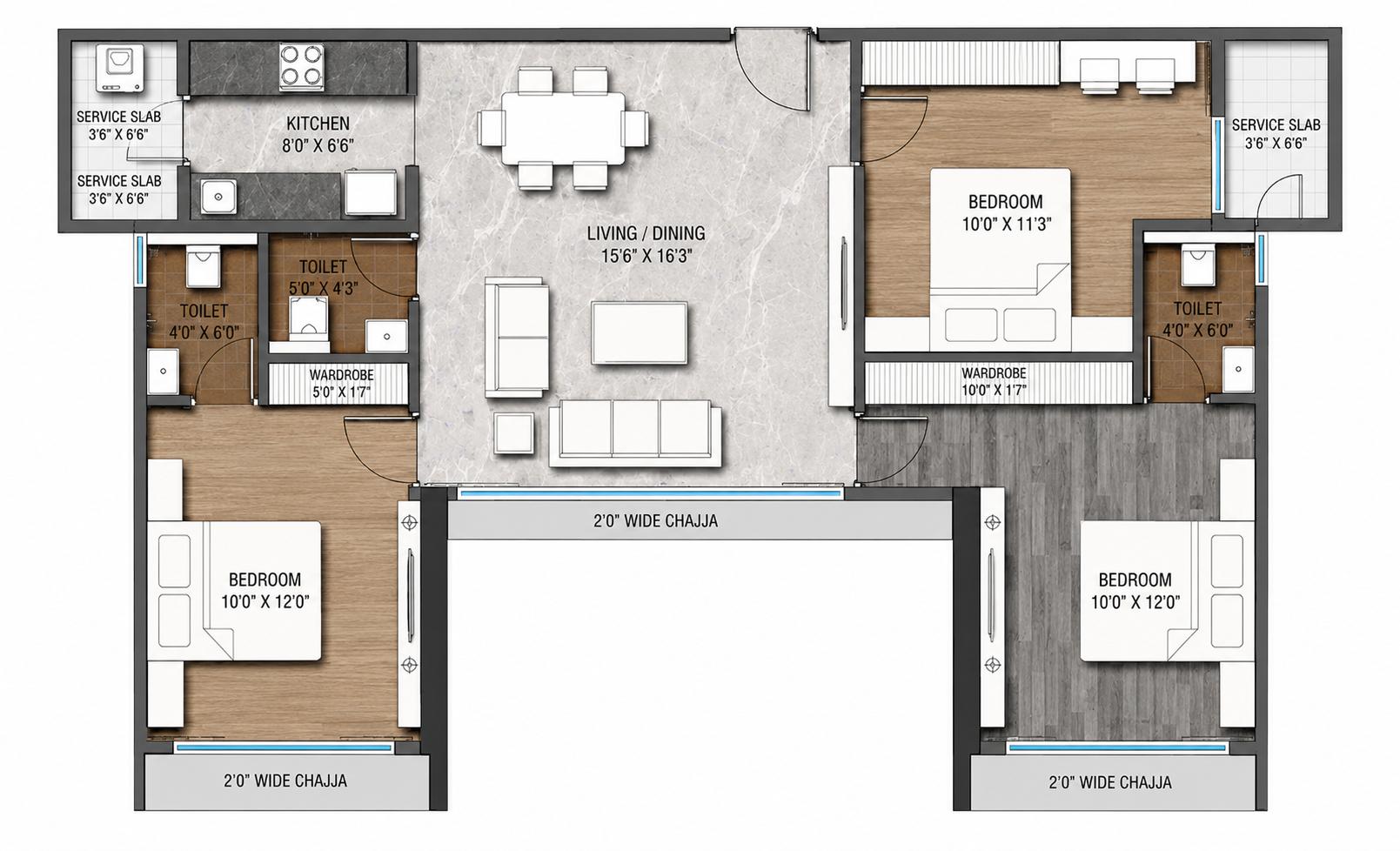 3BHK (1+1) Jodi floor plan