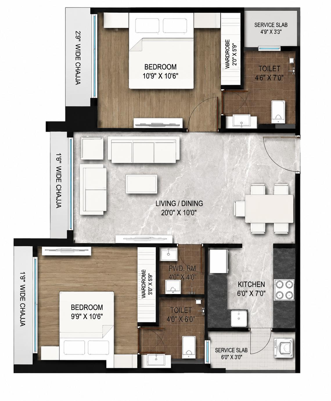 2BHK floor plan
