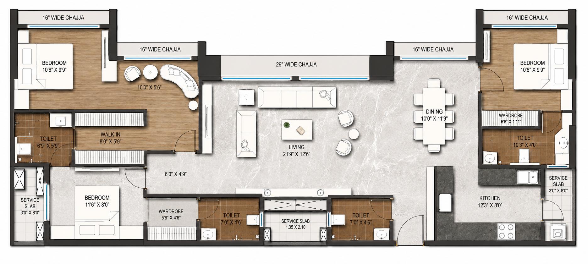 3BHK (2+2) Jodi floor plan