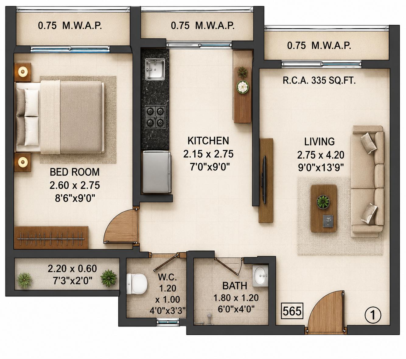 1BHK floor plan