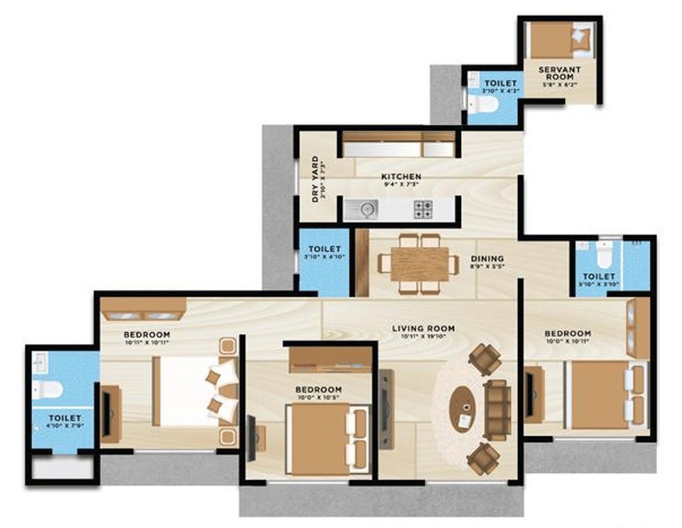 Wing E - 3 BHK T1 floor plan