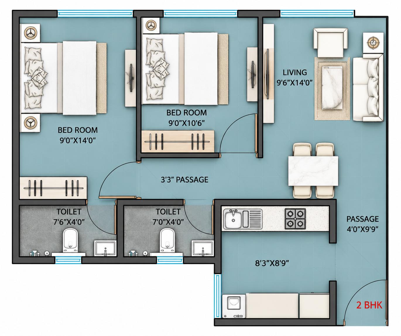 Wing D - 2 BHK floor plan