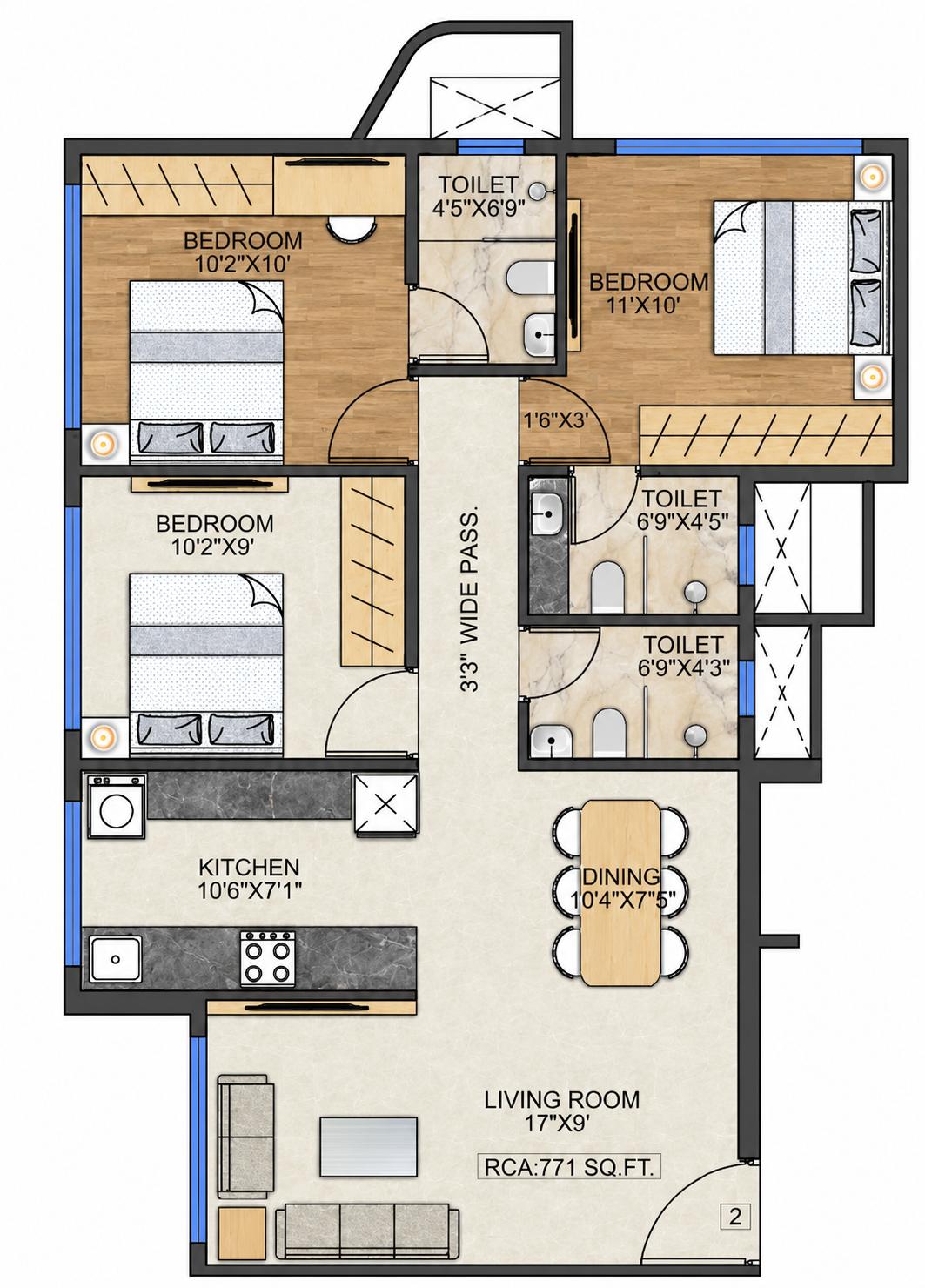 3BHK floor plan