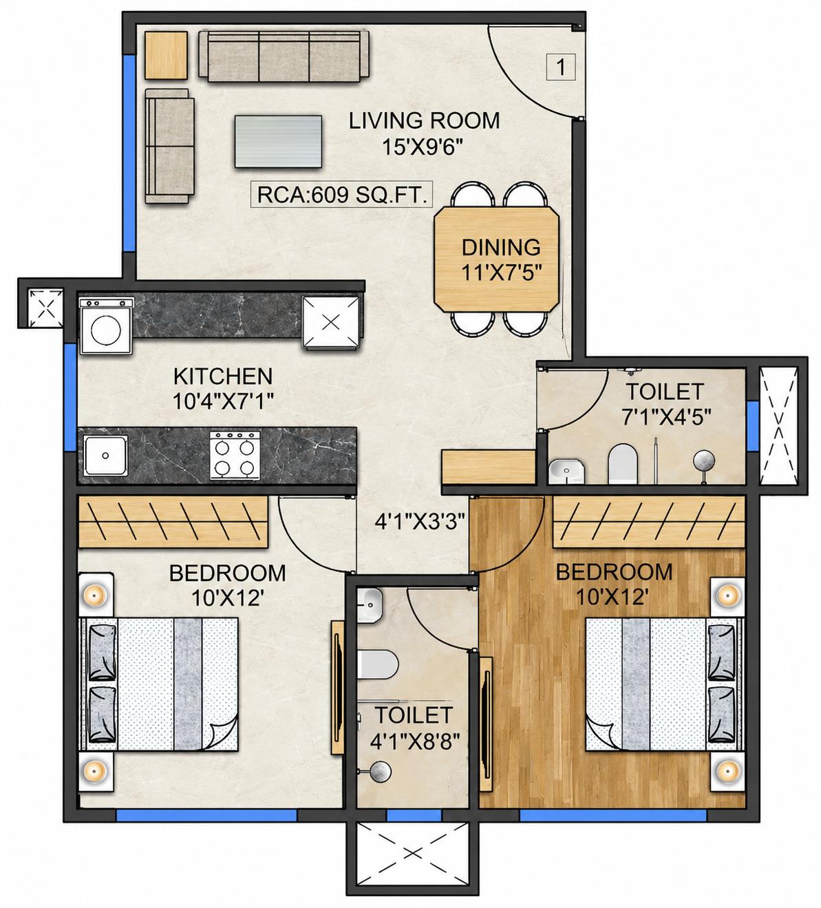 2BHK Grand floor plan