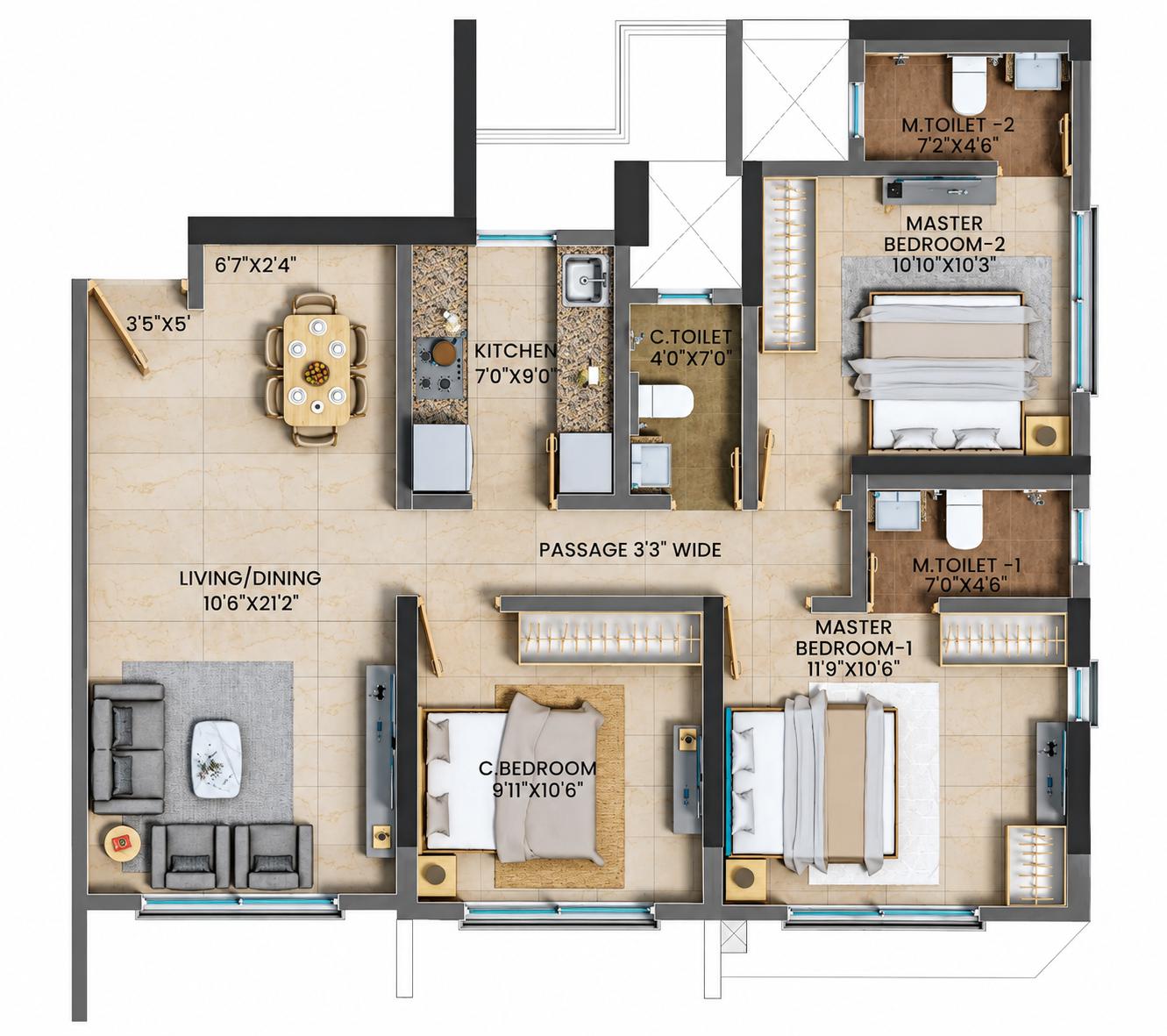 3BHK floor plan