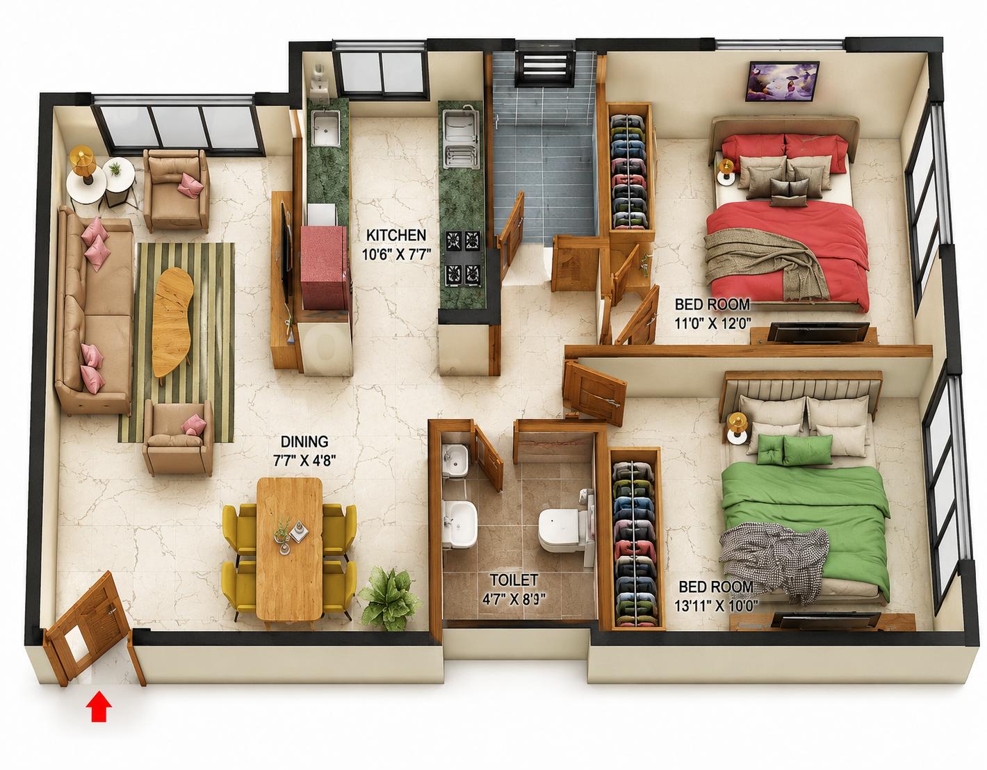 2BHK floor plan