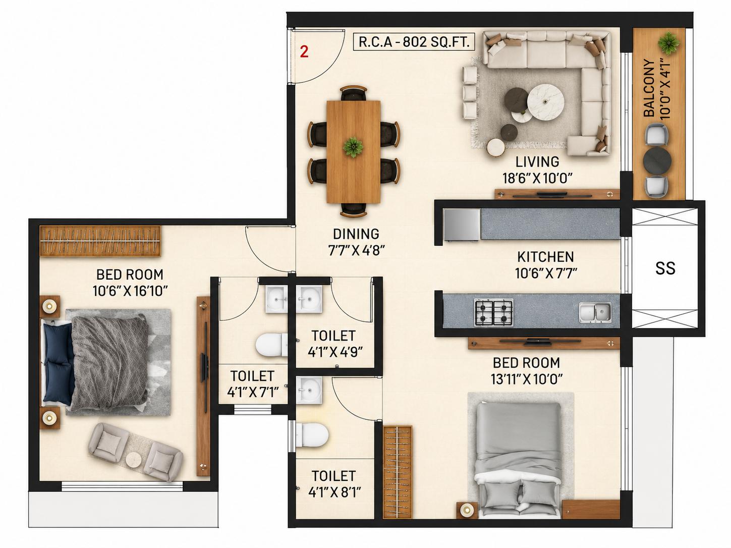 2BHK floor plan