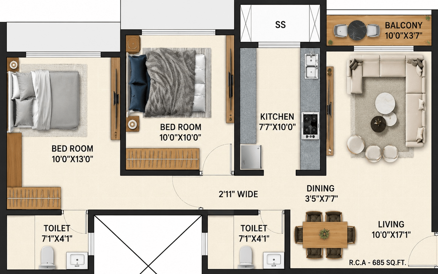 2BHK floor plan