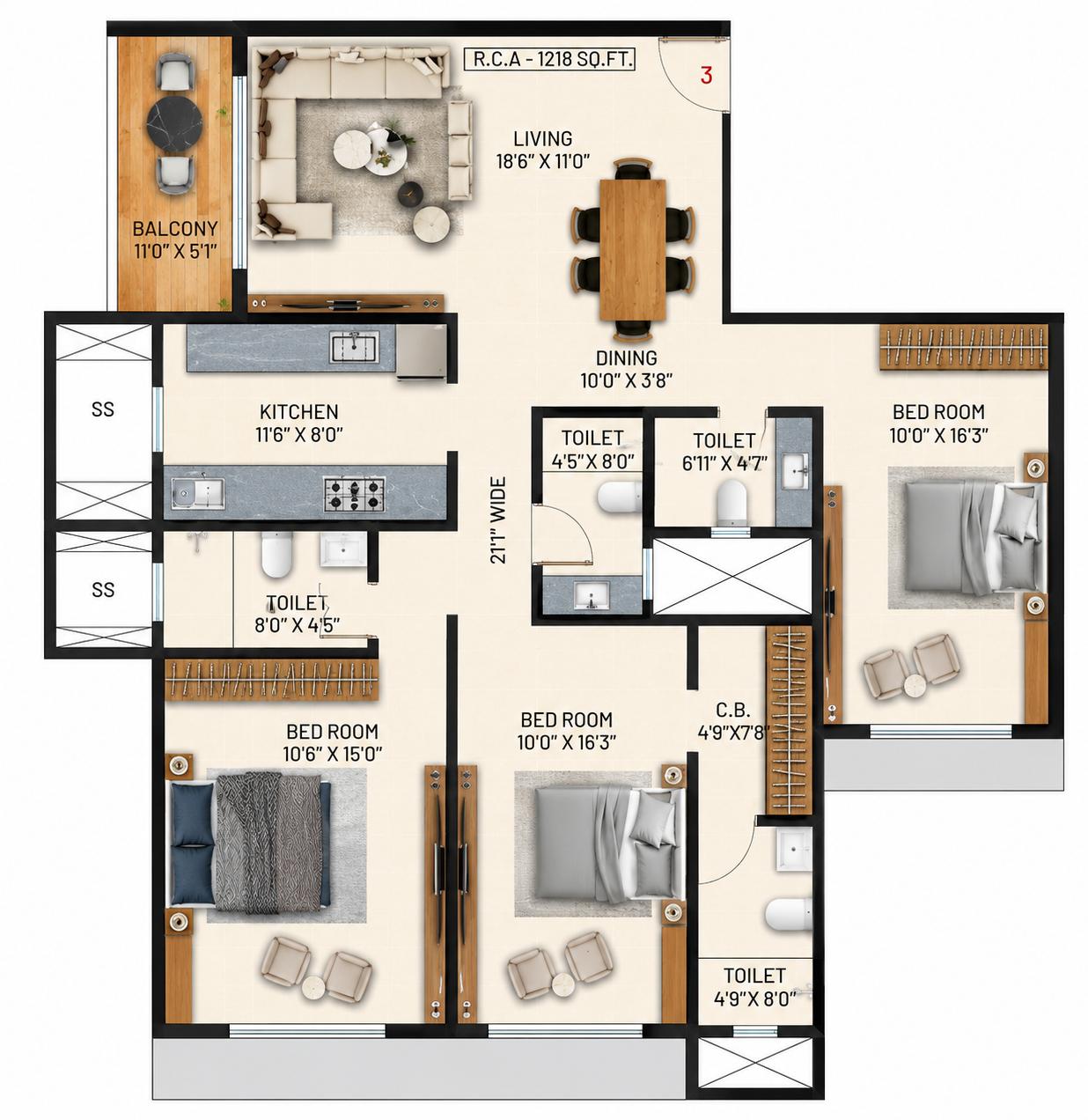 3BHK floor plan