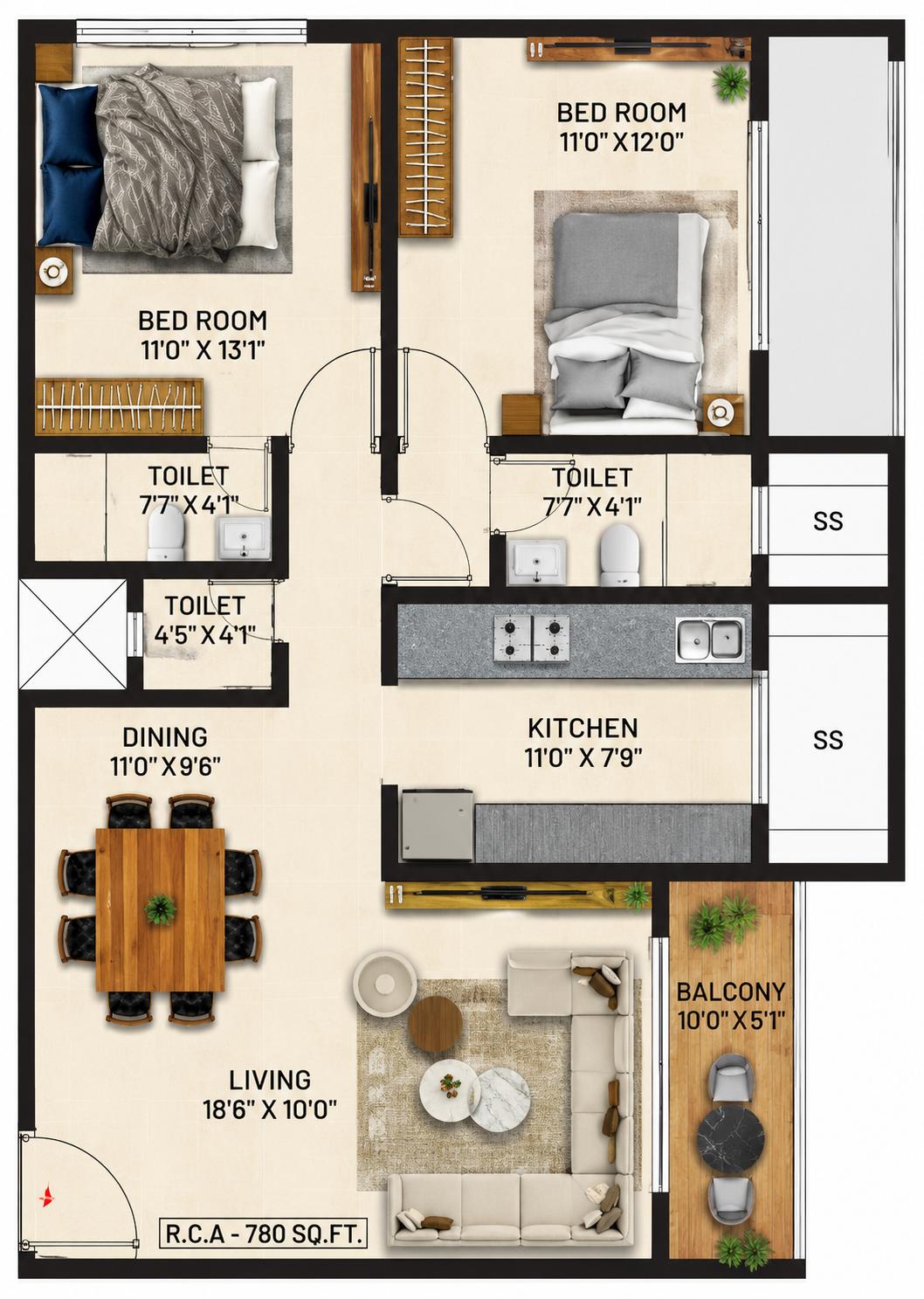 2BHK Grand floor plan
