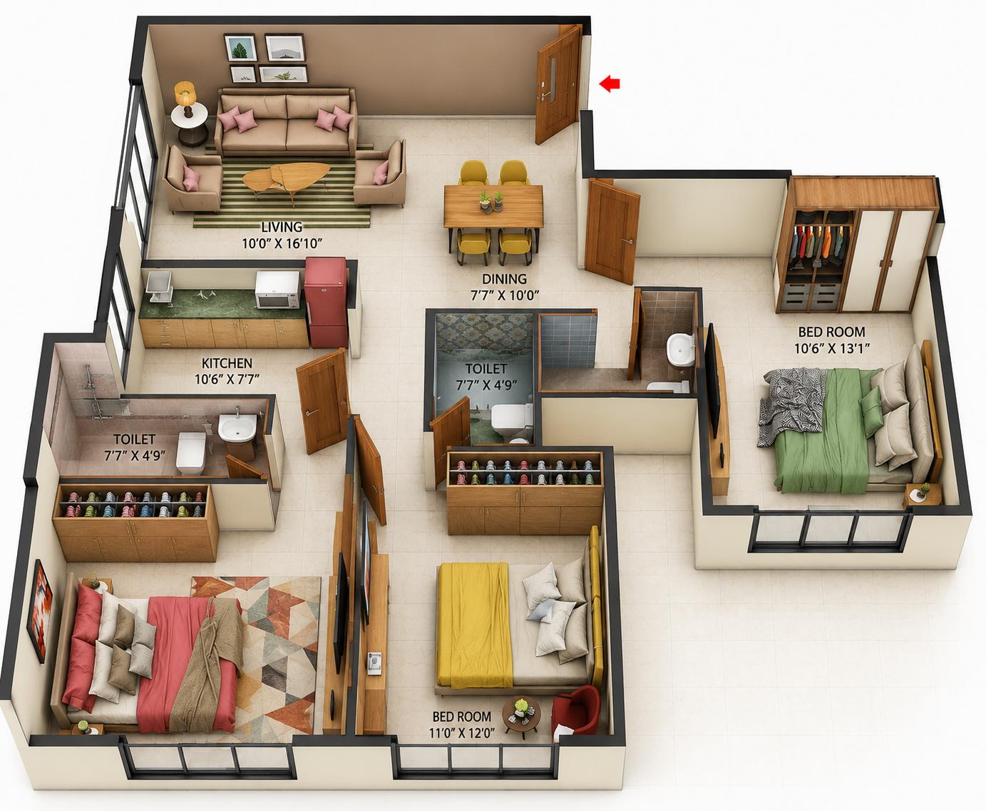 3BHK floor plan