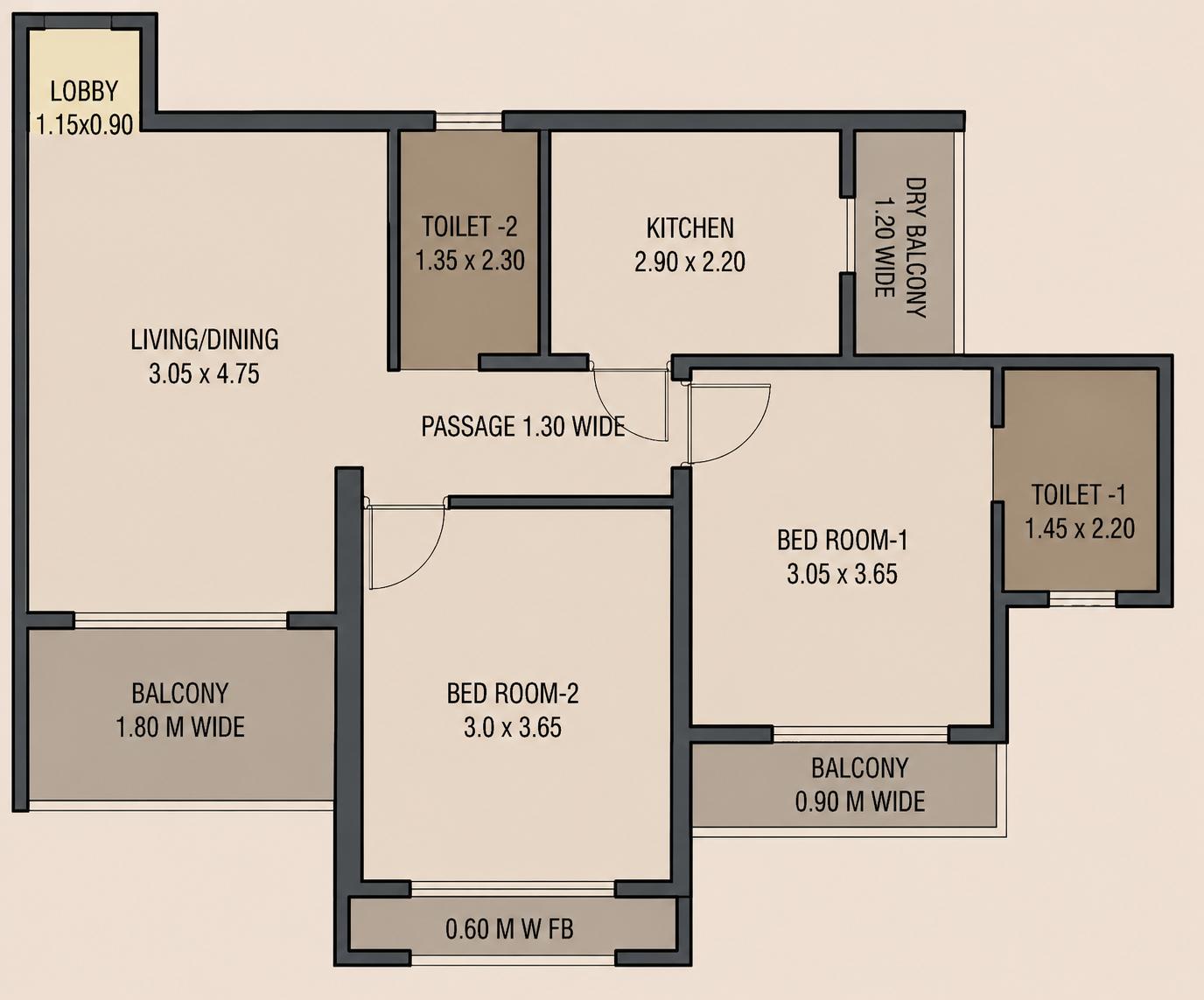2BHK Type1 floor plan