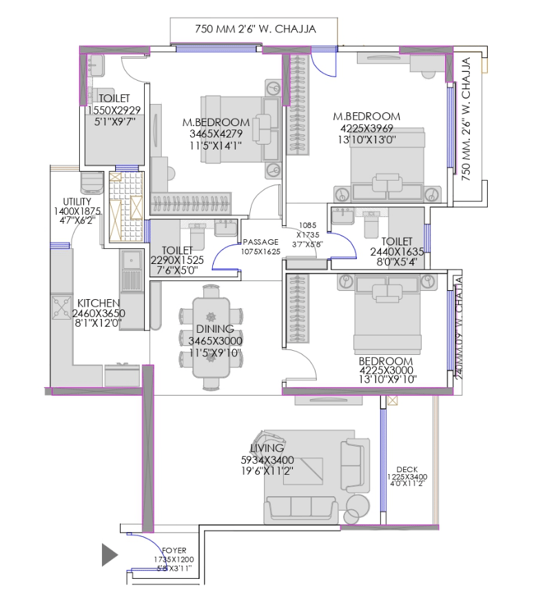 3 BHK T1 floor plan