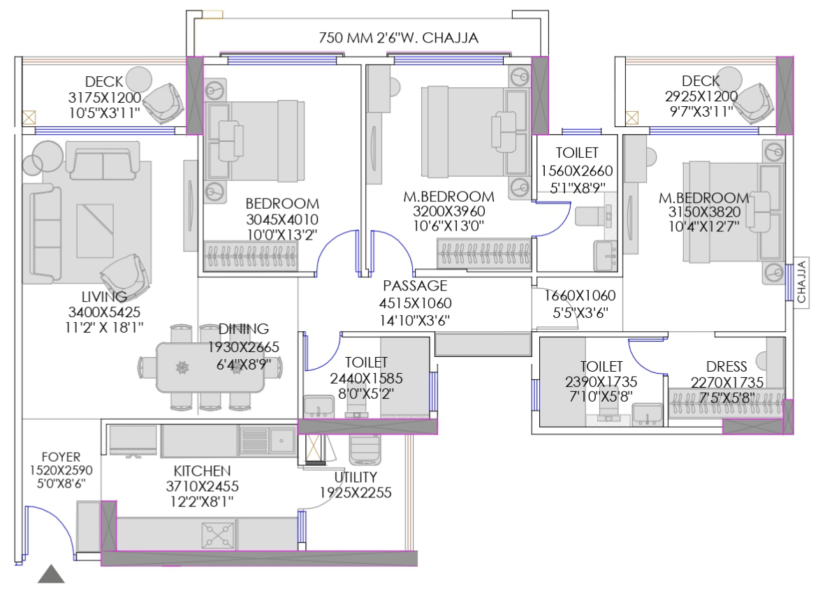 3 BHK T2 floor plan