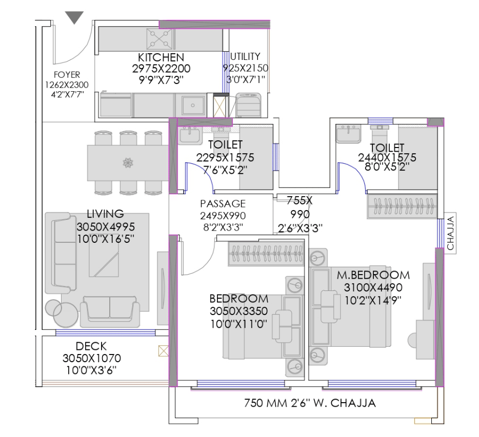 2 BHK T2 floor plan