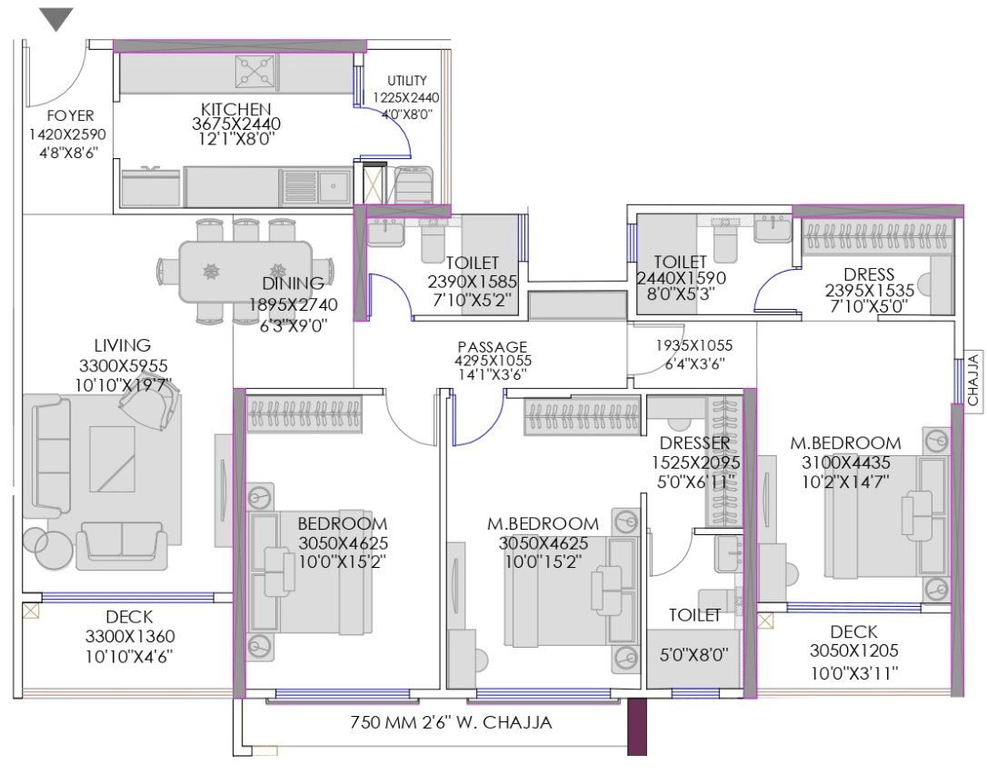 3 BHK T4 floor plan