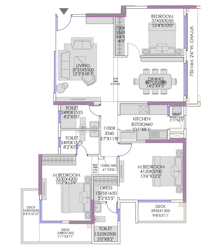 3 BHK T3 floor plan