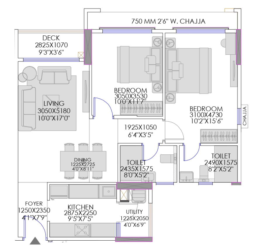 2 BHK T4 floor plan