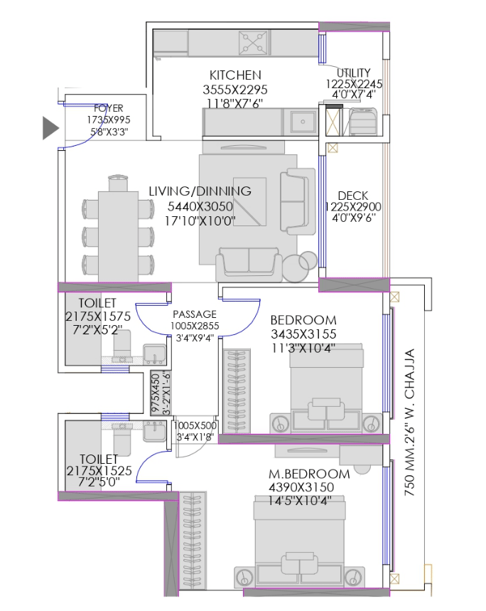 2 BHK T3 floor plan