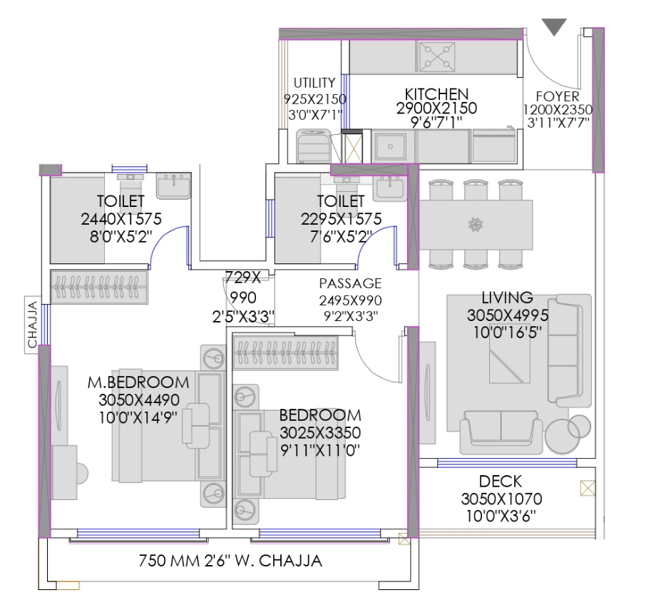 2 BHK T1 floor plan