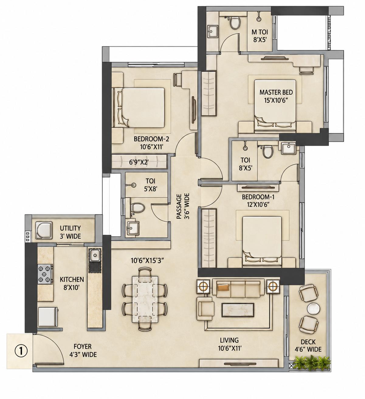 3BHK floor plan