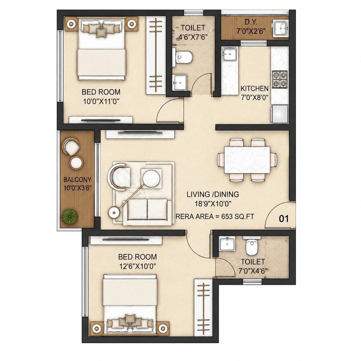 2 BHK Type1 floor plan