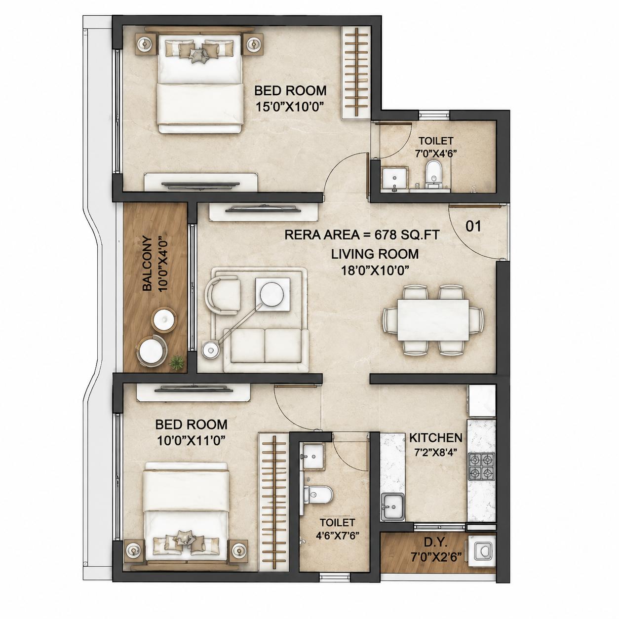 2 BHK Type2 floor plan