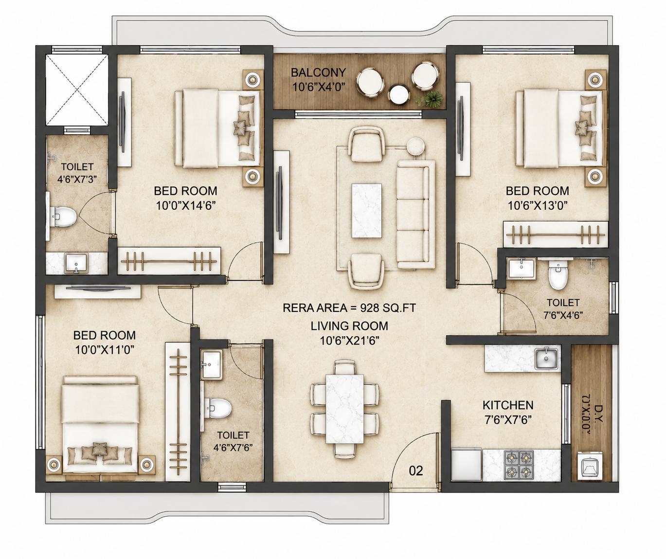3 BHK Type3 floor plan