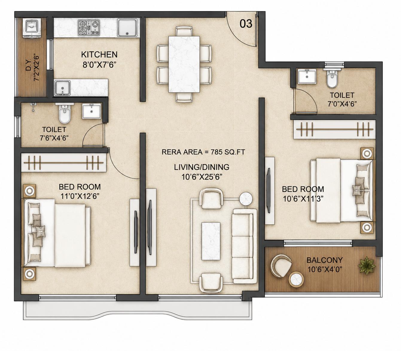 2 BHK Type3 floor plan