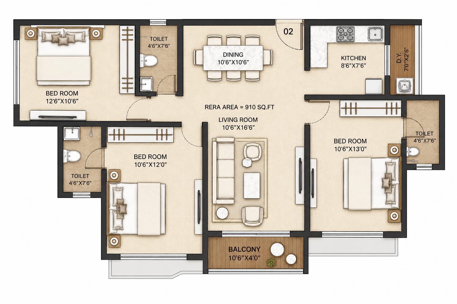 3 BHK Type2 floor plan