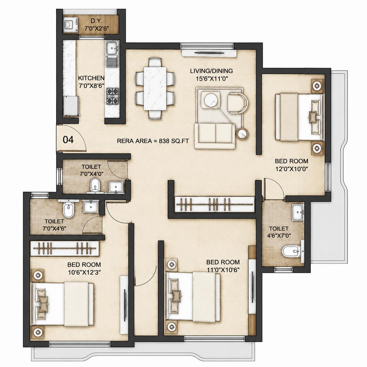 3 BHK Type1 floor plan
