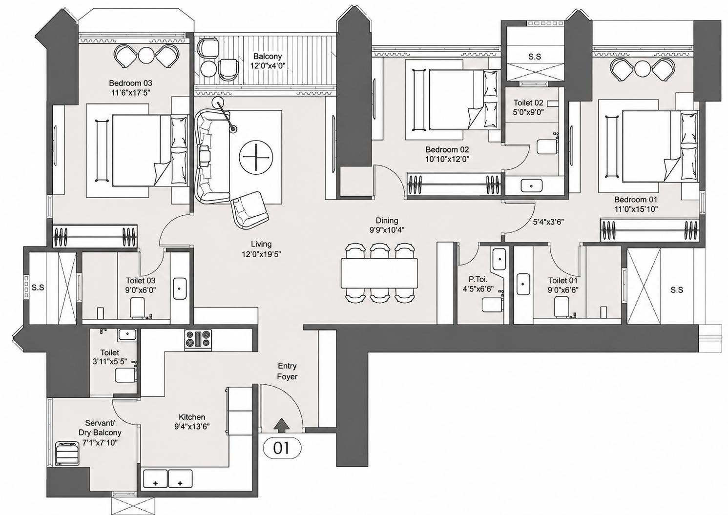3BHK Elite floor plan