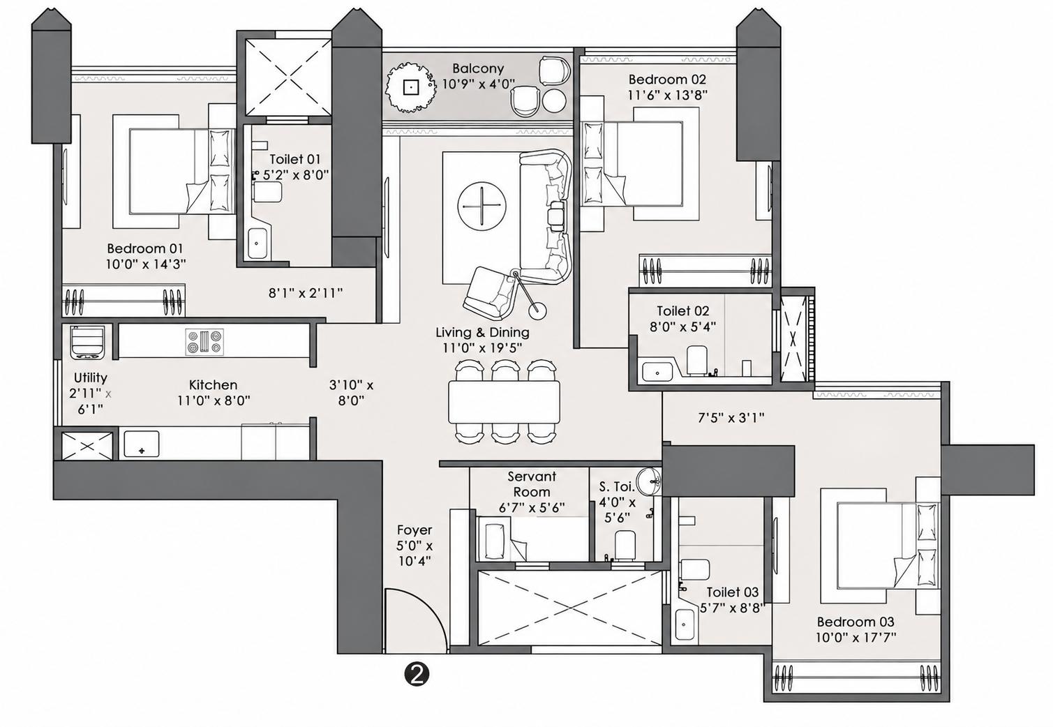 3BHK floor plan