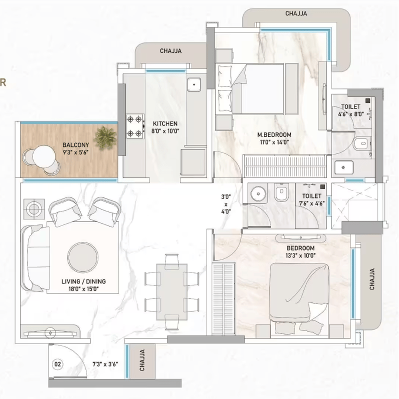 2 BHK - Luxuria floor plan