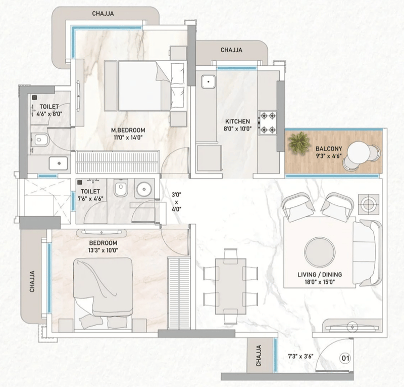 2 BHK - Regalia floor plan