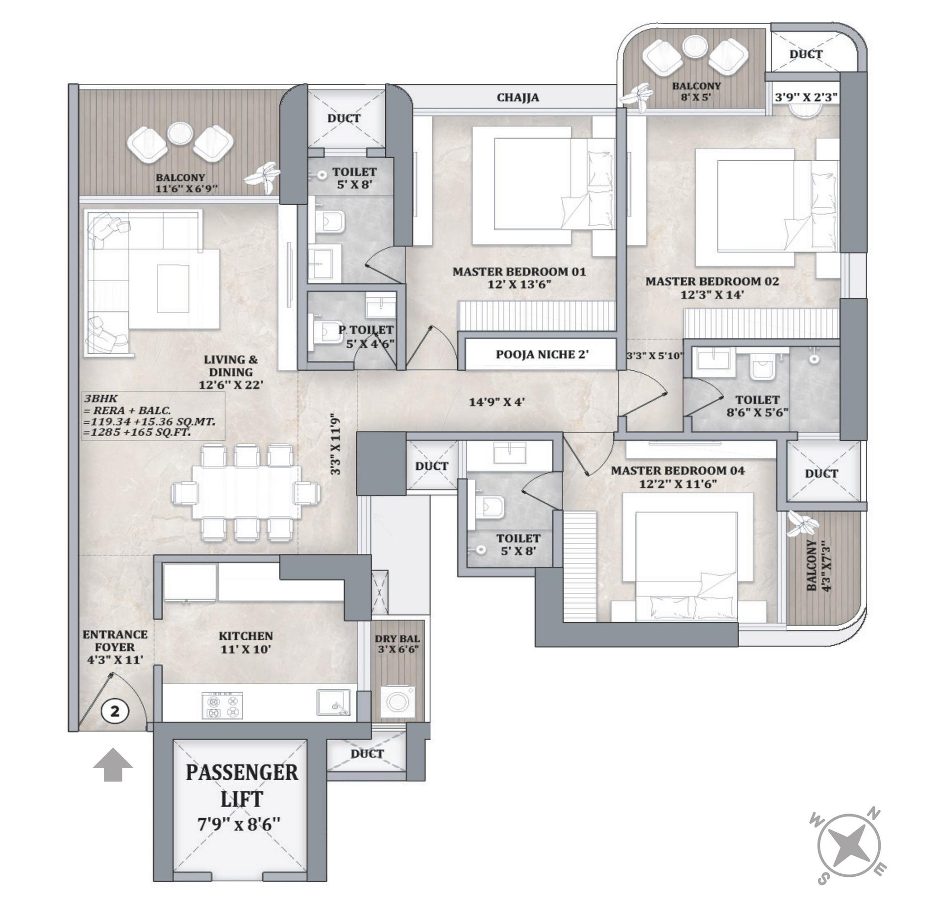 3BHK floor plan