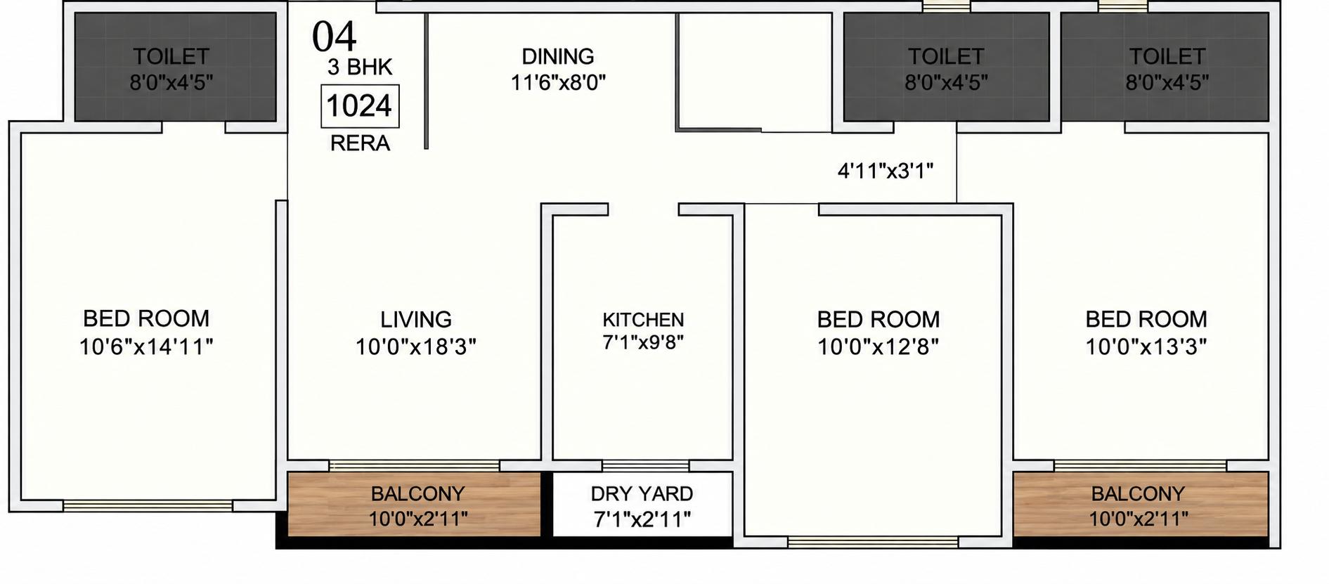 3BHK Grand floor plan
