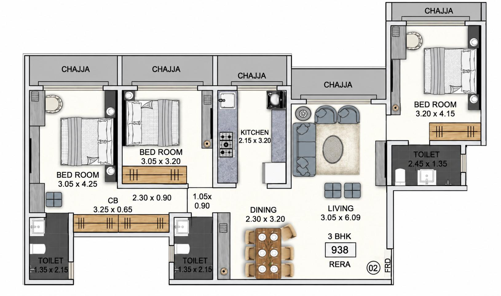 3BHK Premium floor plan