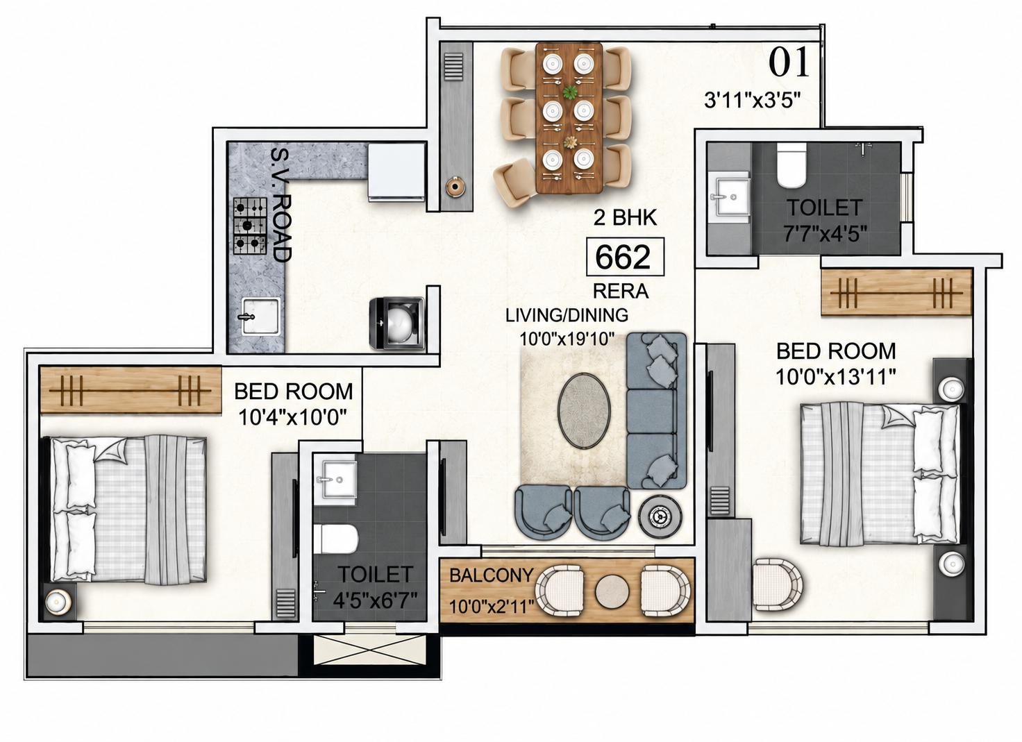 2BHK floor plan