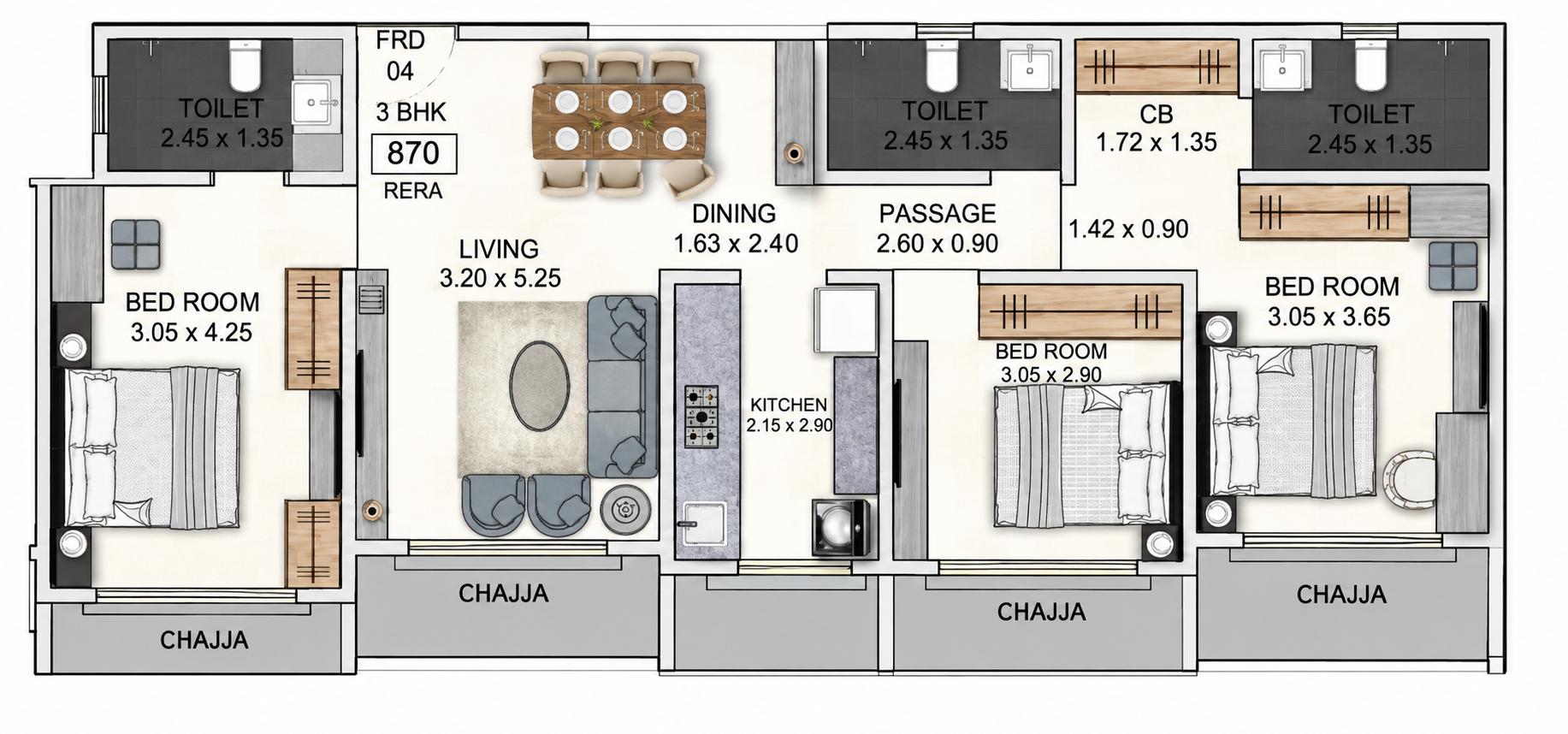 3BHK floor plan