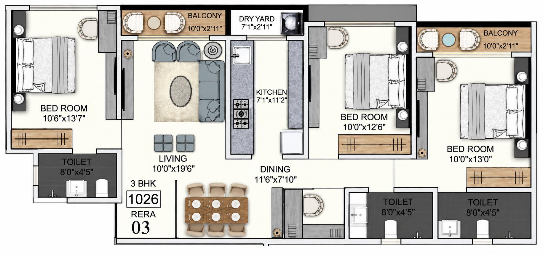 3BHK Luxe floor plan